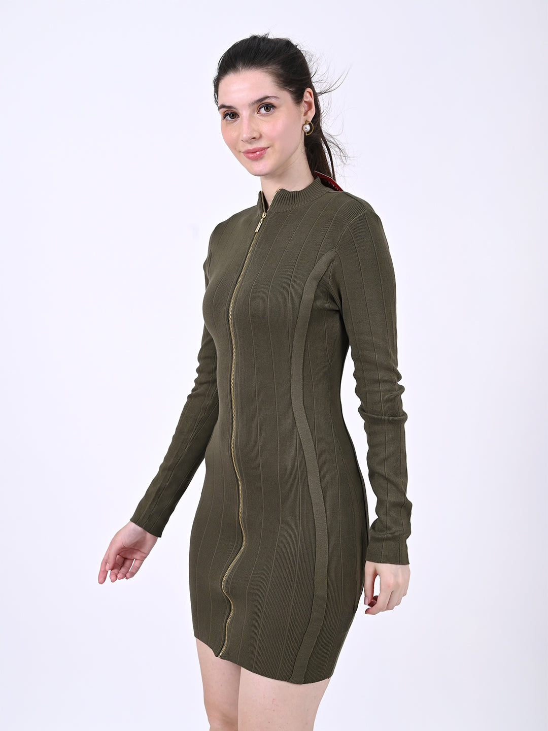 Viscose Full Sleeve with Front Zip closure Green Bodycon Solid Dress