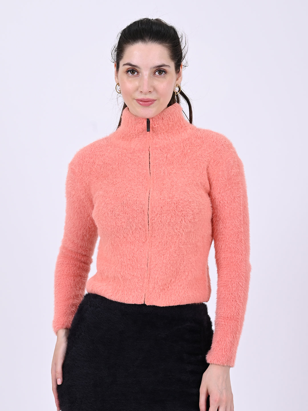 Nylon Round Neck with Front Zip Closures Peach Furr Sweatshirt