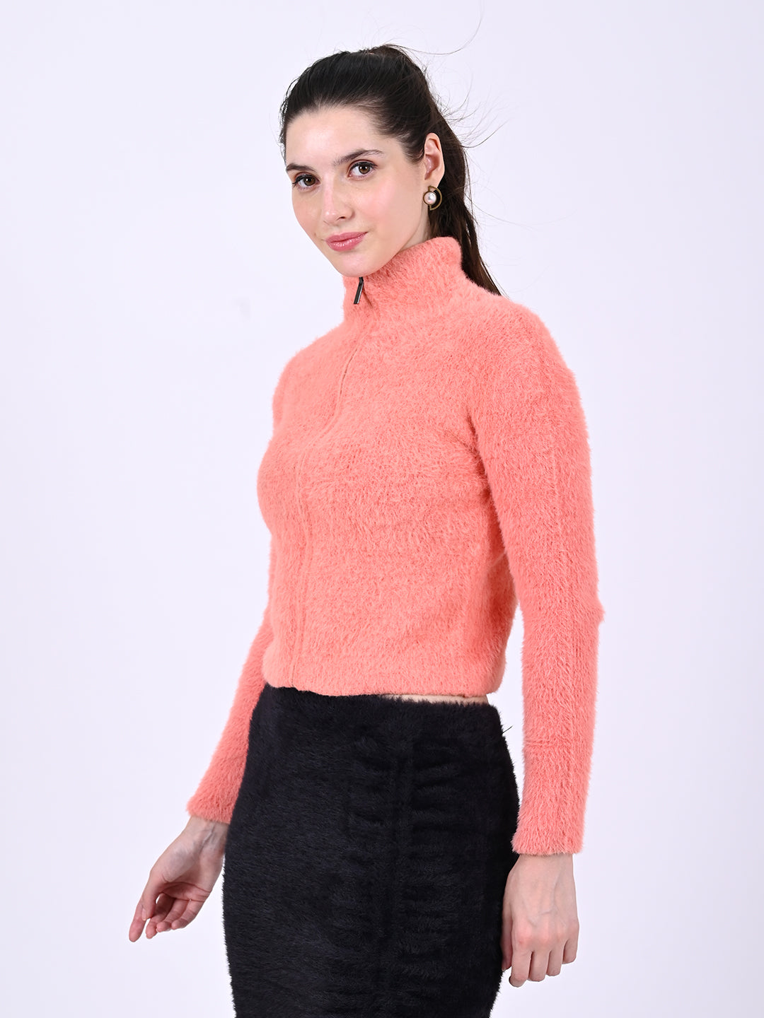 Nylon Round Neck with Front Zip Closures Peach Furr Sweatshirt