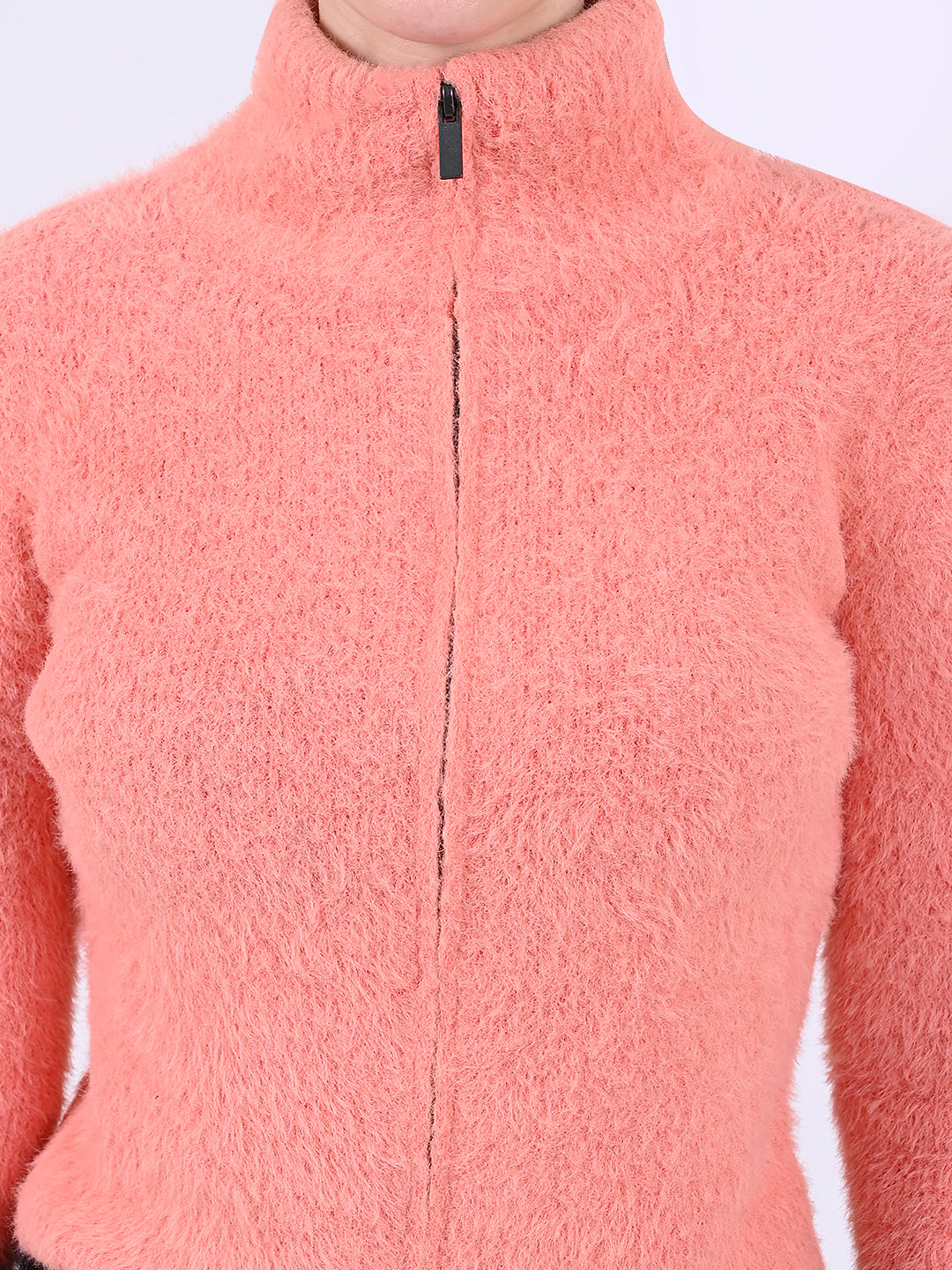 Nylon Round Neck with Front Zip Closures Peach Furr Sweatshirt