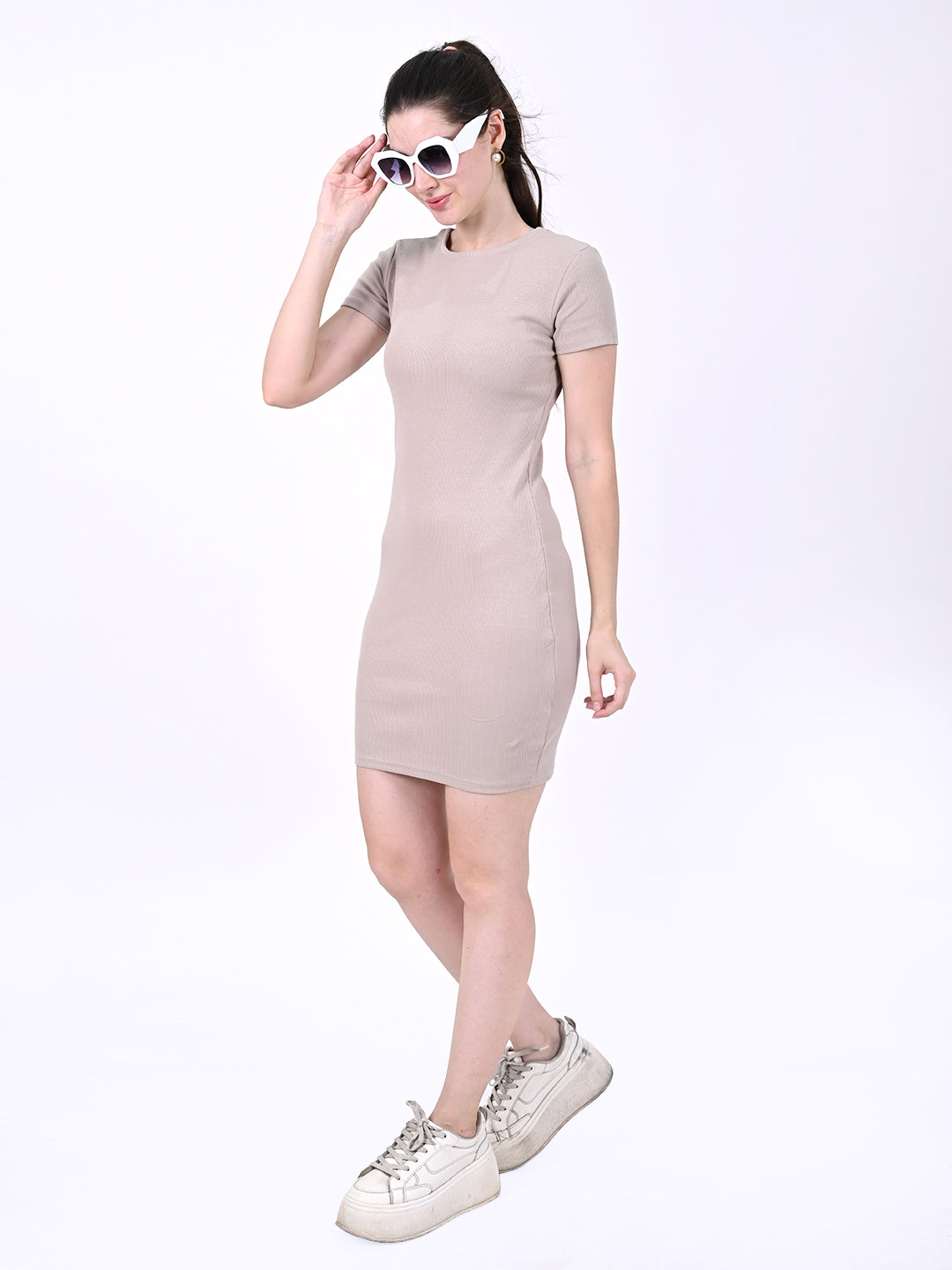 Cotton Round Neck with Short Sleeve Beige Mini Length Bodycon Dress