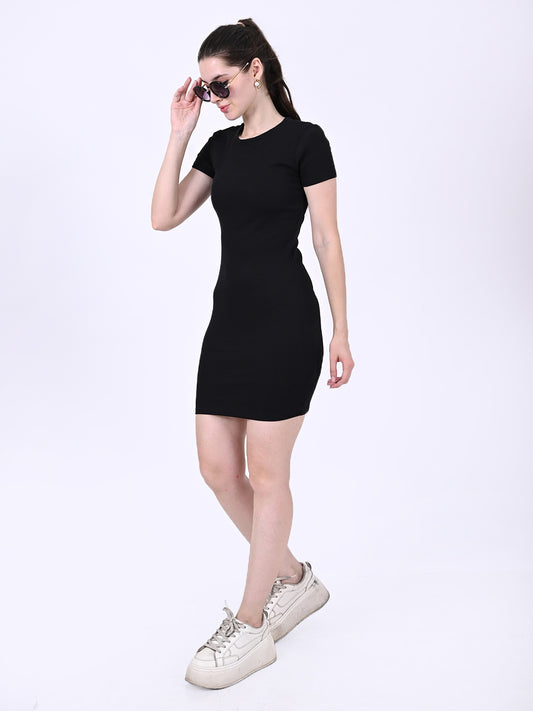 Cotton Round Neck with Short Sleeve Black Mini Length Bodycon Dress