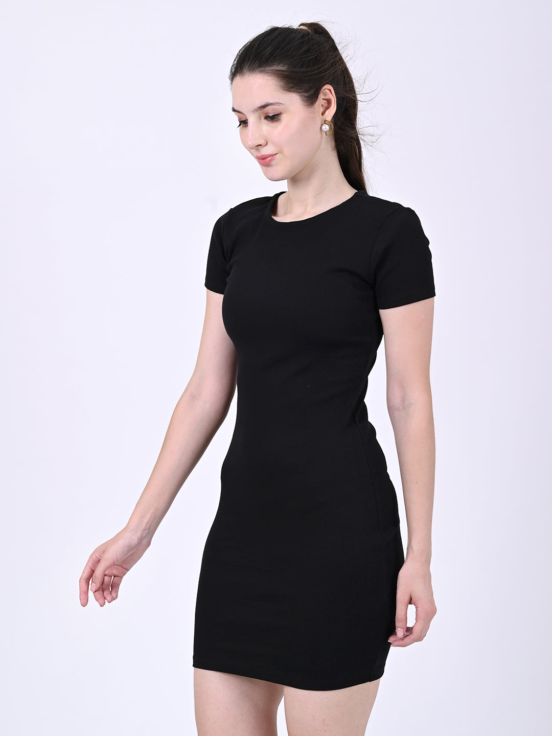 Cotton Round Neck with Short Sleeve Black Mini Length Bodycon Dress