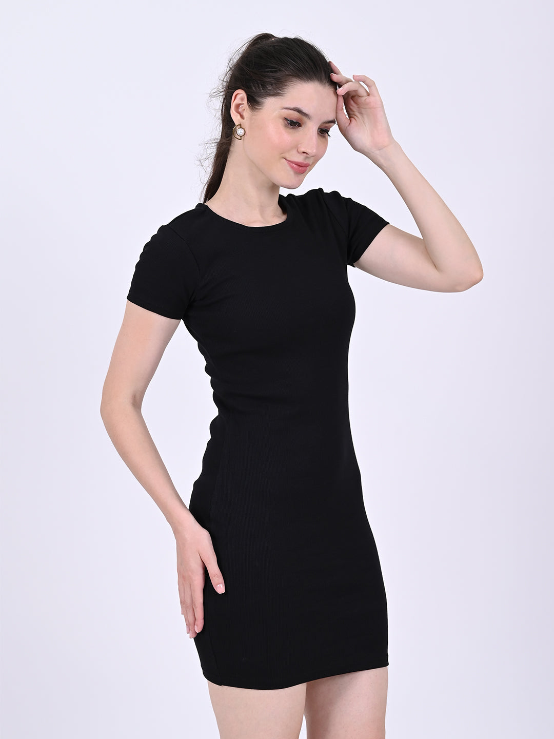 Cotton Round Neck with Short Sleeve Black Mini Length Bodycon Dress