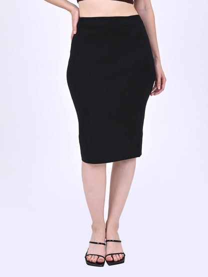 Viscose Elastic waist Pencil Skirt Solid Stretchable Midi Black Skirts