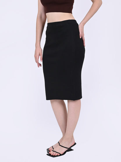 Viscose Elastic waist Pencil Skirt Solid Stretchable Midi Black Skirts