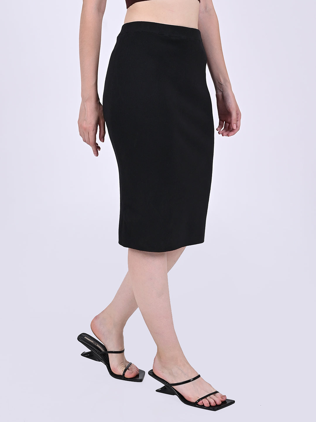 Viscose Elastic waist Pencil Skirt Solid Stretchable Midi Black Skirts