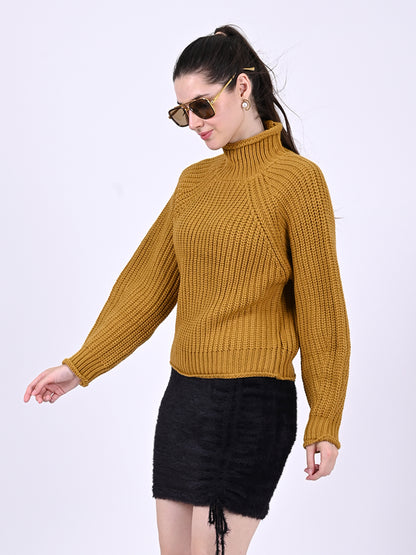 Acrylic High neck with Full sleeve cable knit Mustard sweater