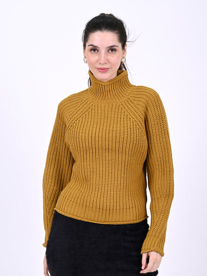 Acrylic High neck with Full sleeve cable knit Mustard sweater