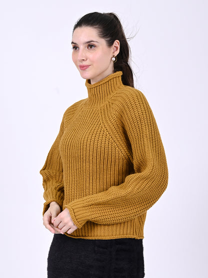 Acrylic High neck with Full sleeve cable knit Mustard sweater