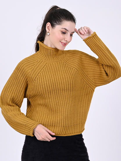 Acrylic High neck with Full sleeve cable knit Mustard sweater