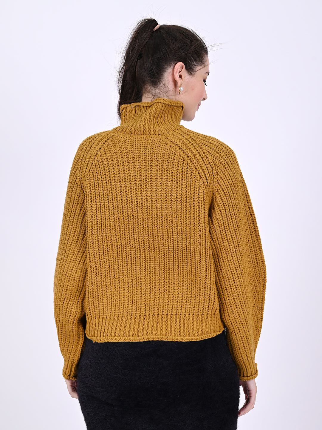 Acrylic High neck with Full sleeve cable knit Mustard sweater