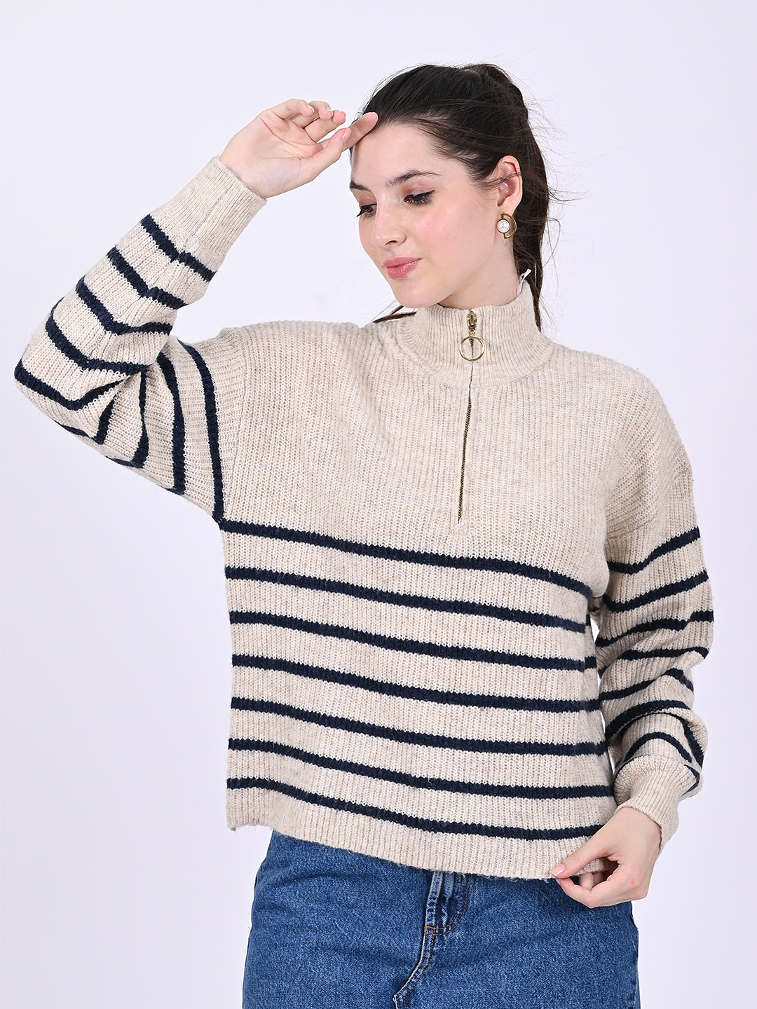 Acrylic Full Sleeve with Front Half Zip closures oversized striped Beige sweater