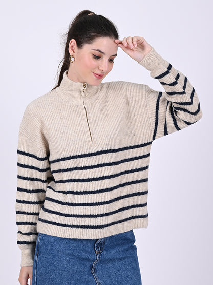 Acrylic Full Sleeve with Front Half Zip closures oversized striped Beige sweater