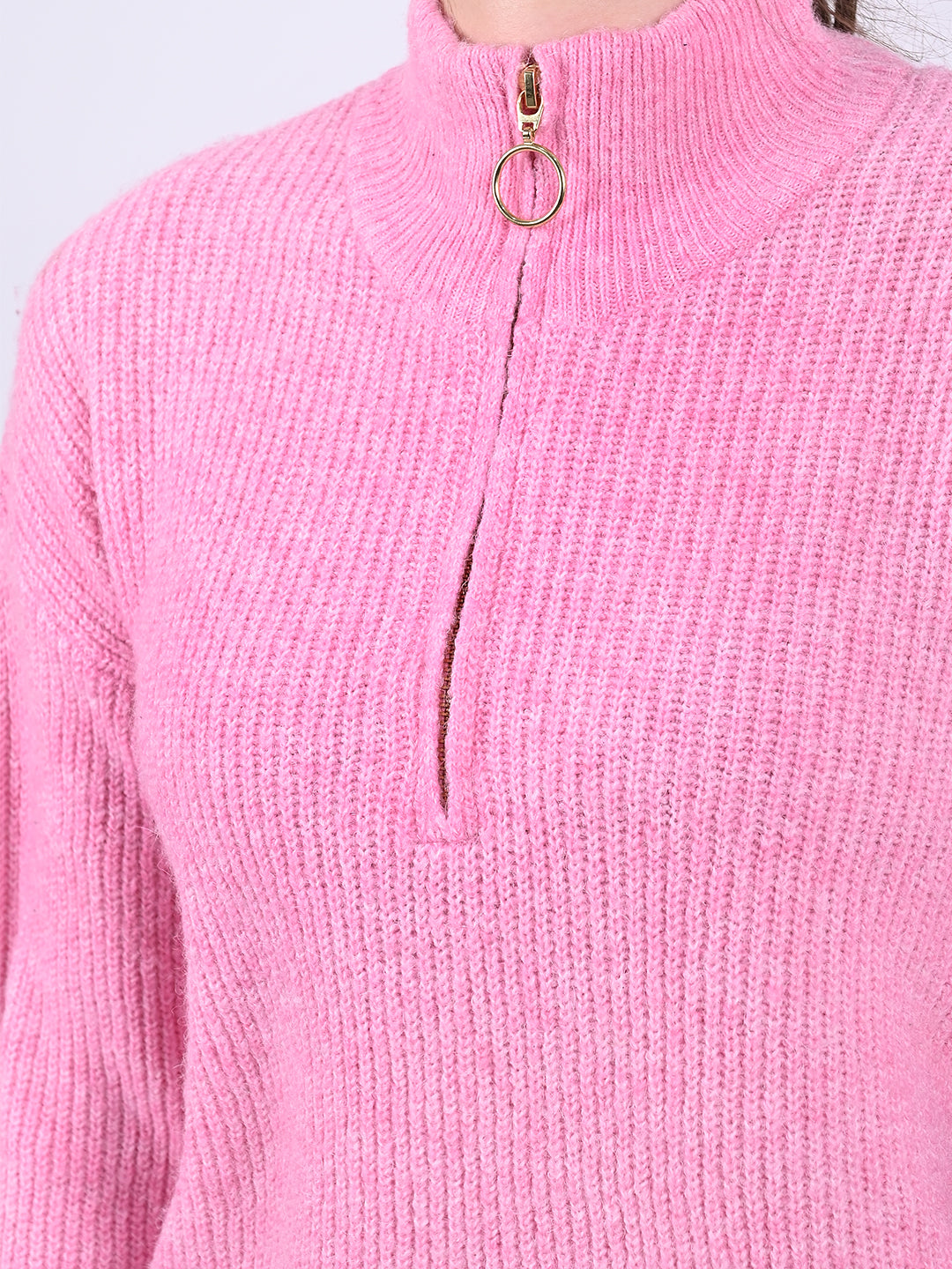 Acrylic Full Sleeve with Front Half Zip closures oversized striped Pink sweater