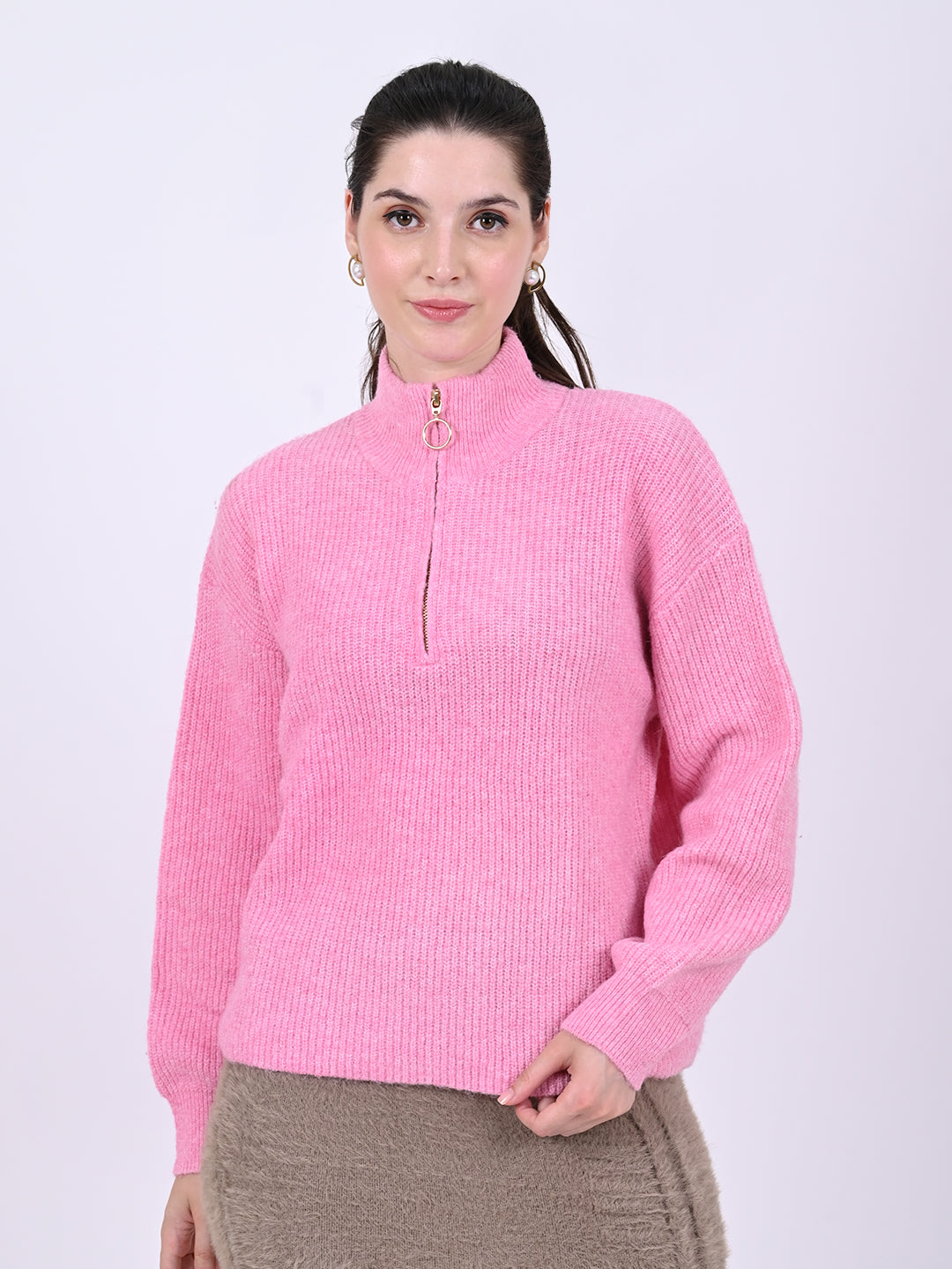 Acrylic Full Sleeve with Front Half Zip closures oversized striped Pink sweater