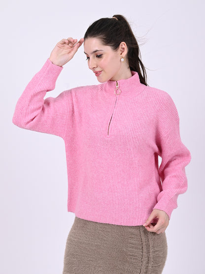 Acrylic Full Sleeve with Front Half Zip closures oversized striped Pink sweater