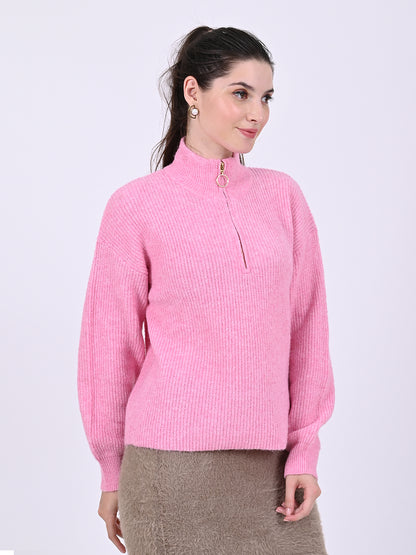 Acrylic Full Sleeve with Front Half Zip closures oversized striped Pink sweater