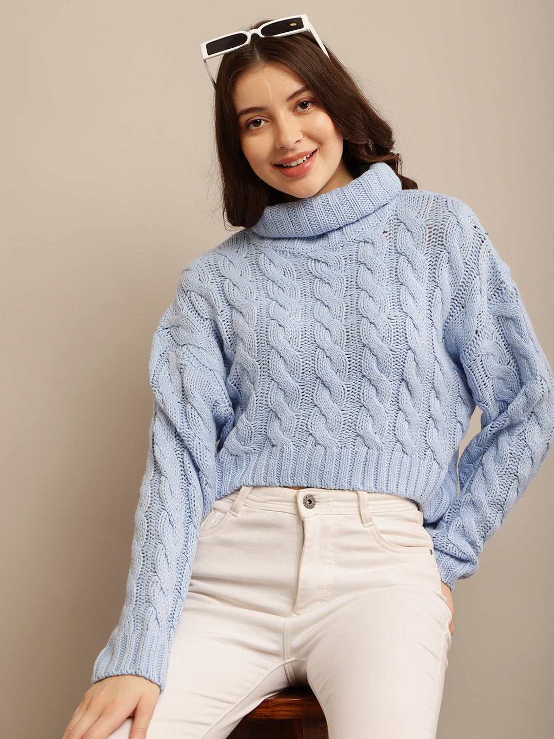 Acrylic Full Sleeve with High Neck Cable Knit Blue Sweater