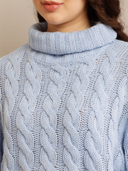 Acrylic Full Sleeve with High Neck Cable Knit Blue Sweater