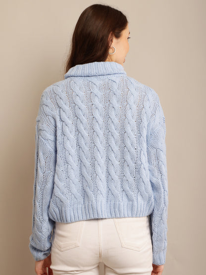 Acrylic Full Sleeve with High Neck Cable Knit Blue Sweater