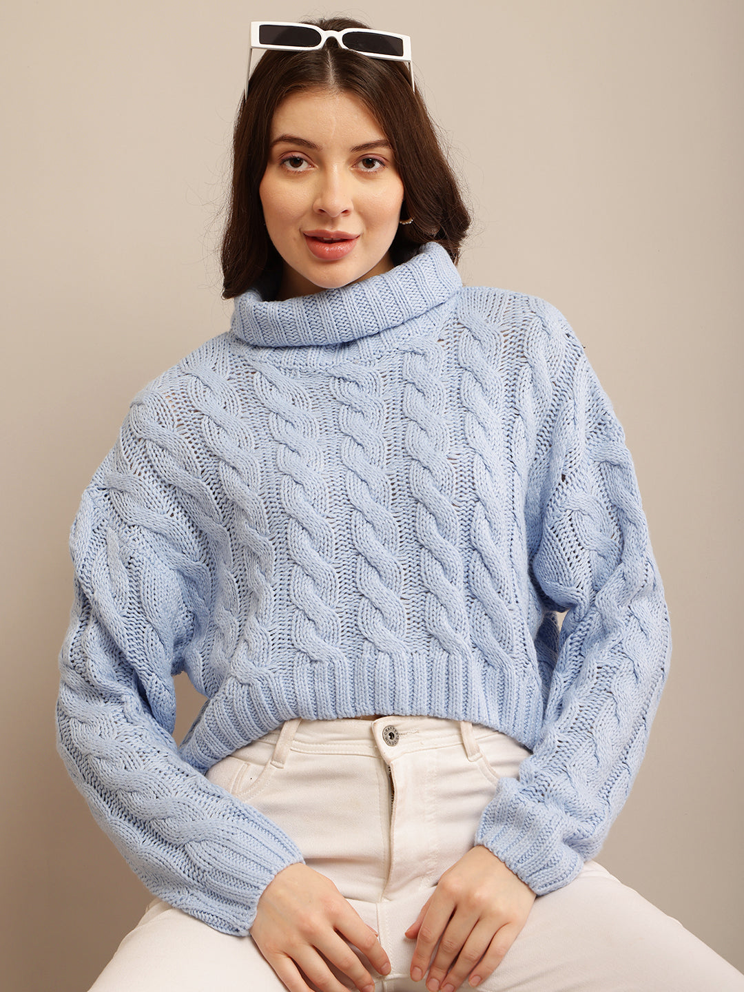 Acrylic Full Sleeve with High Neck Cable Knit Blue Sweater