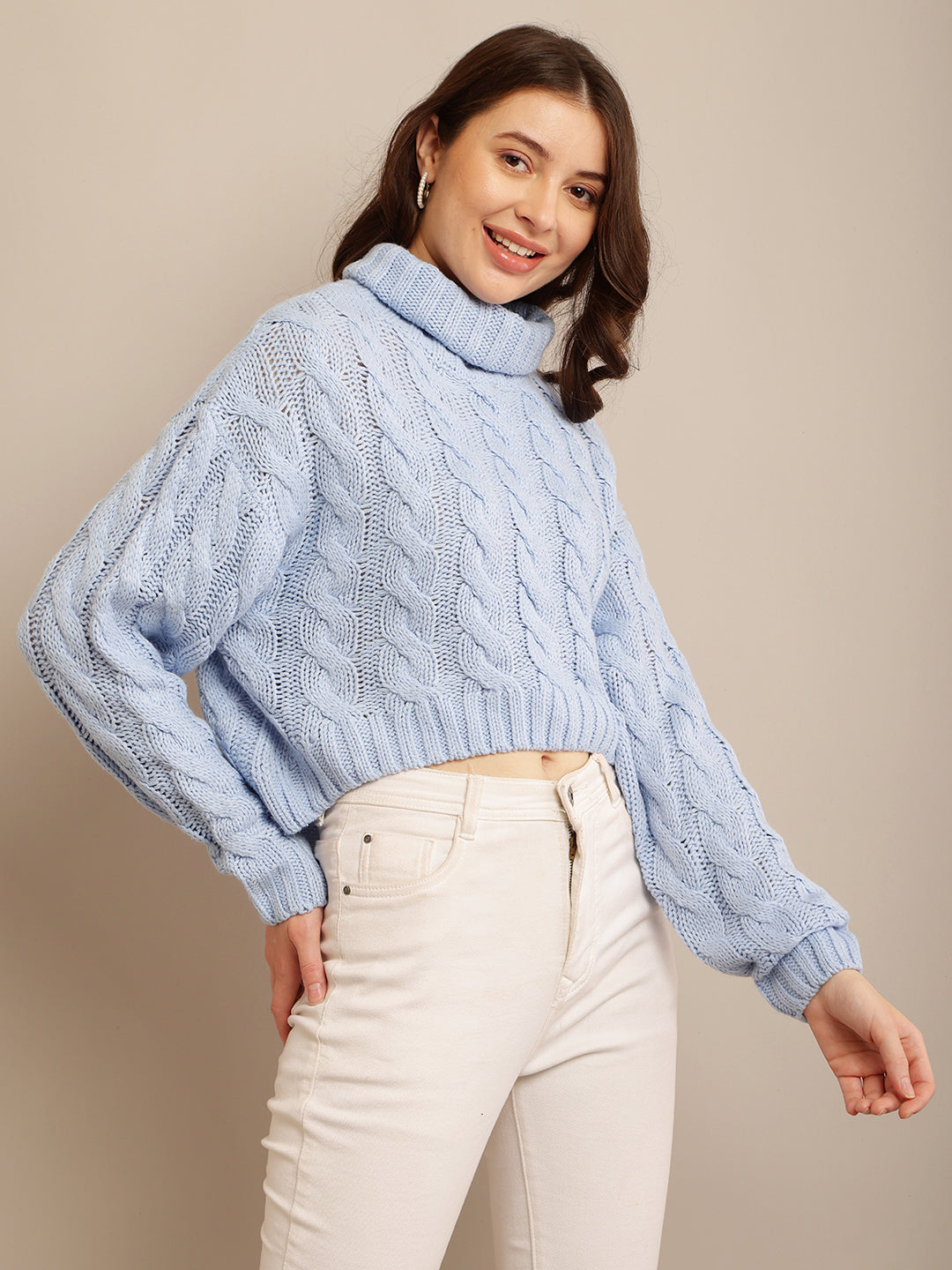 Acrylic Full Sleeve with High Neck Cable Knit Blue Sweater