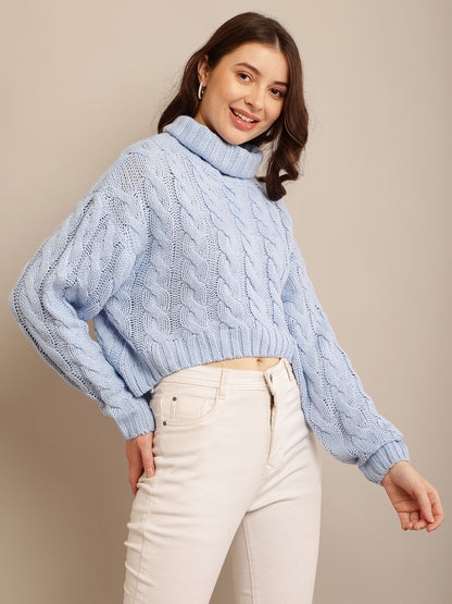 Acrylic Full Sleeve with High Neck Cable Knit Blue Sweater