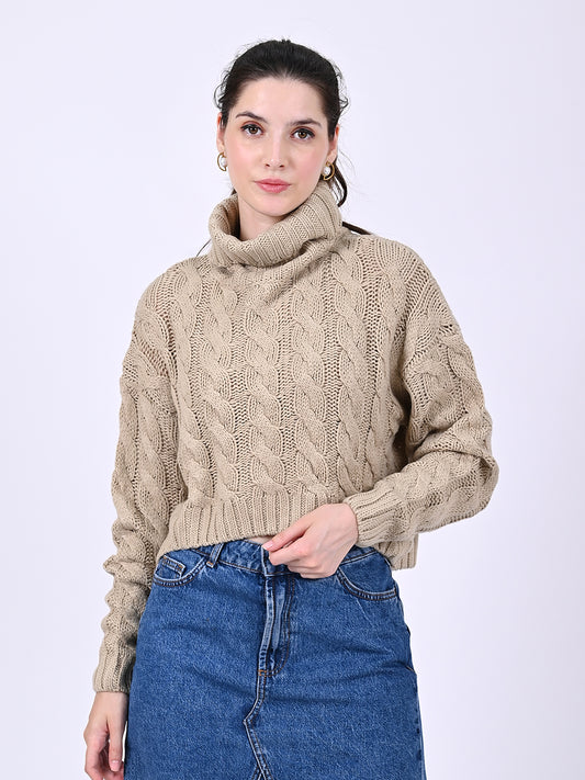 Acrylic Full Sleeve with High Neck Cable Knit Light Brown Sweater