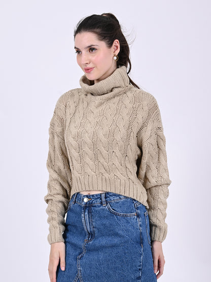 Acrylic Full Sleeve with High Neck Cable Knit Light Brown Sweater