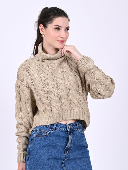 Acrylic Full Sleeve with High Neck Cable Knit Light Brown Sweater