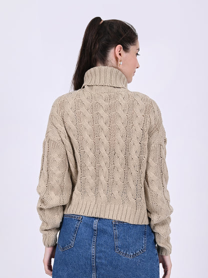 Acrylic Full Sleeve with High Neck Cable Knit Light Brown Sweater