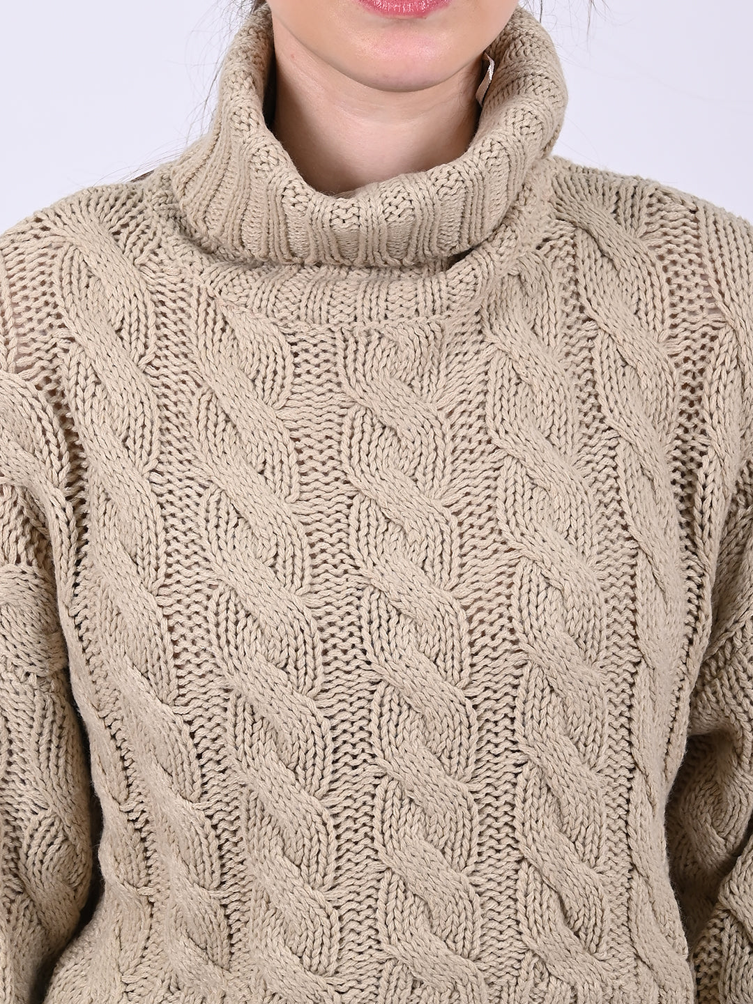 Acrylic Full Sleeve with High Neck Cable Knit Light Brown Sweater