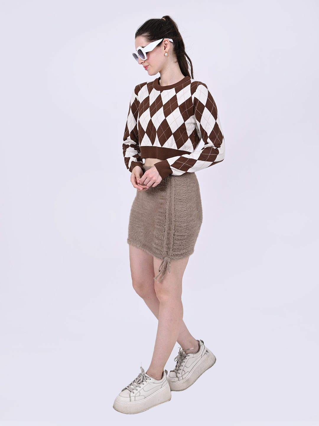 Round Neck with Full Sleeve Crop Checkered Crop Brown Sweater