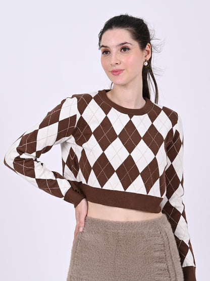 Round Neck with Full Sleeve Crop Checkered Crop Brown Sweater