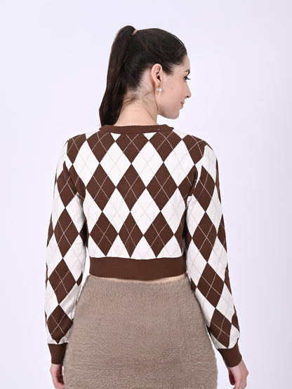 Round Neck with Full Sleeve Crop Checkered Crop Brown Sweater