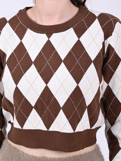 Round Neck with Full Sleeve Crop Checkered Crop Brown Sweater