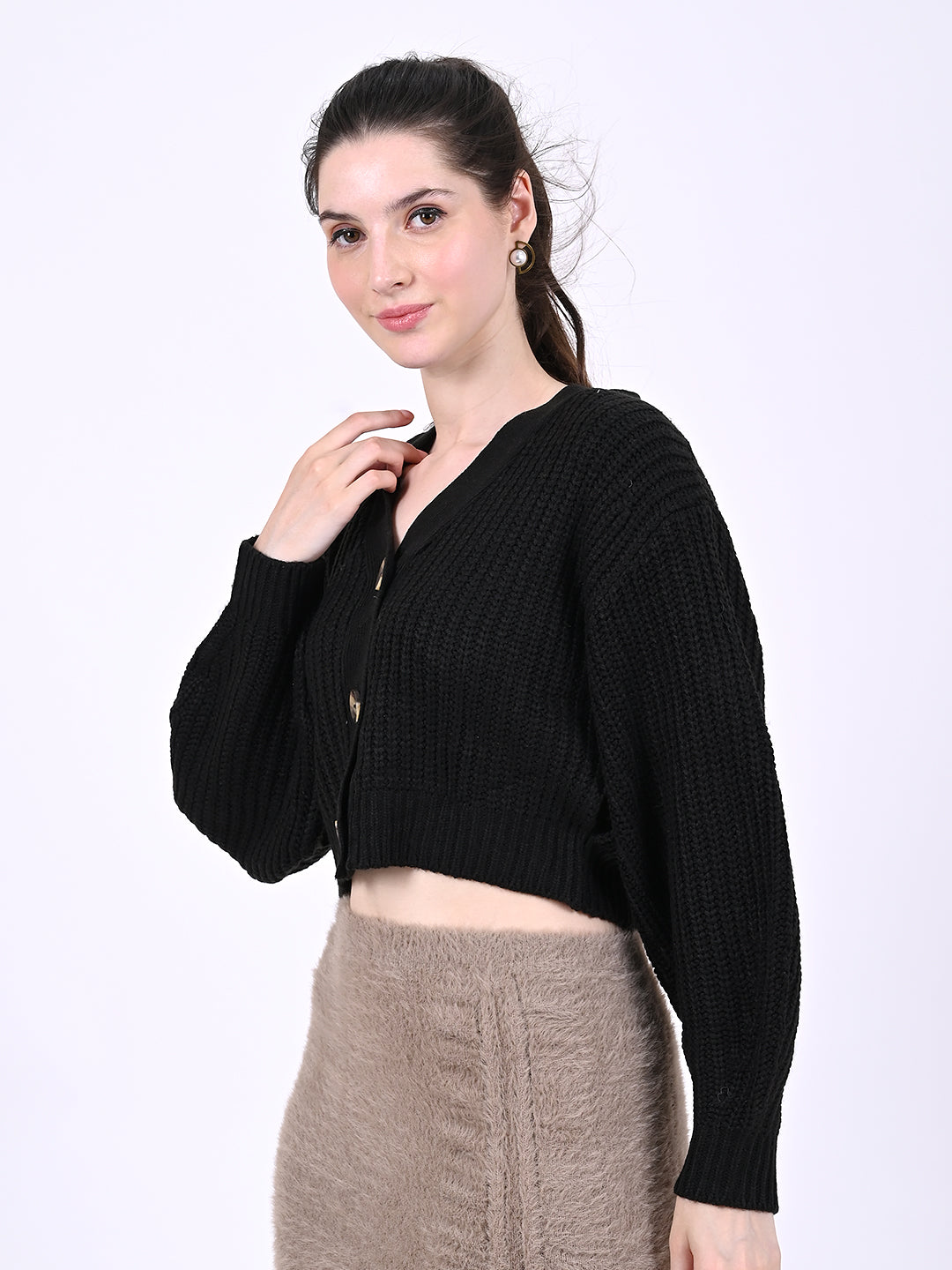 Acrylic Full Sleeve with V-Neck Crop Black Cardigan