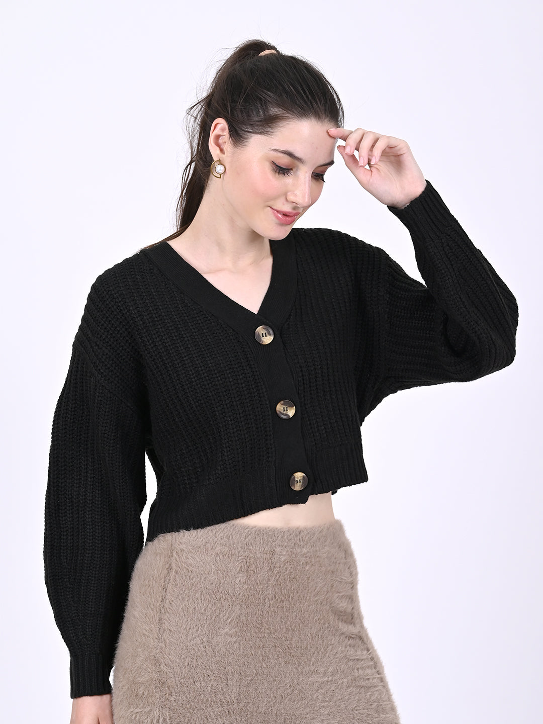 Acrylic Full Sleeve with V-Neck Crop Black Cardigan