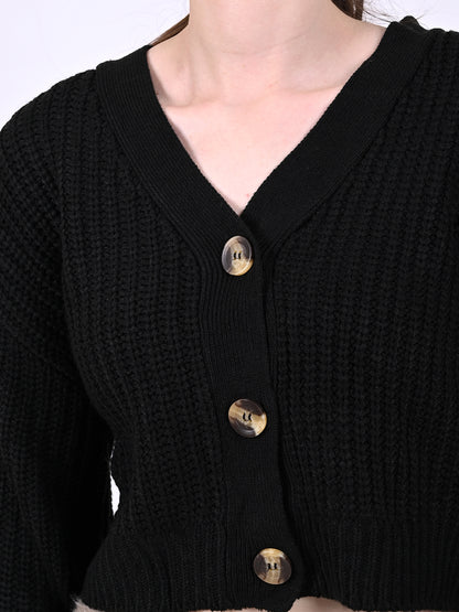 Acrylic Full Sleeve with V-Neck Crop Black Cardigan