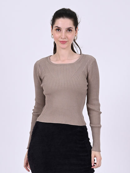 Viscose Round Neck with Full Sleeve stretchable Fitted Ribbed Brown Top