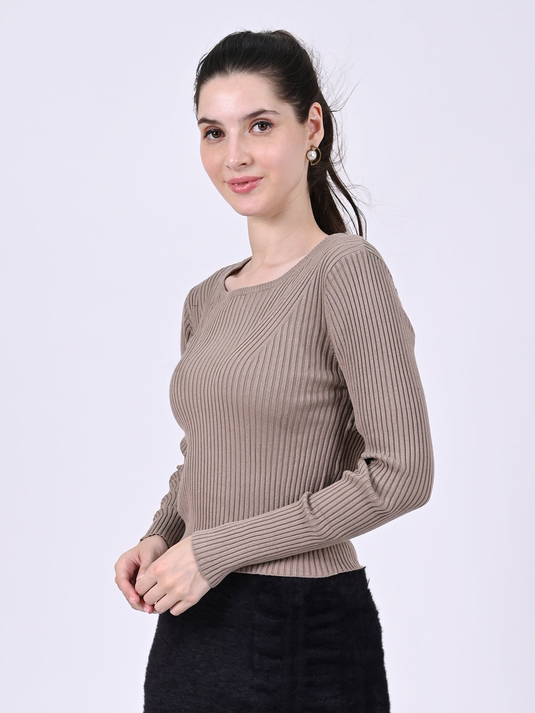 Viscose Round Neck with Full Sleeve stretchable Fitted Ribbed Brown Top