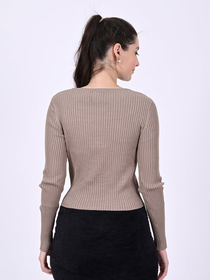 Viscose Round Neck with Full Sleeve stretchable Fitted Ribbed Brown Top