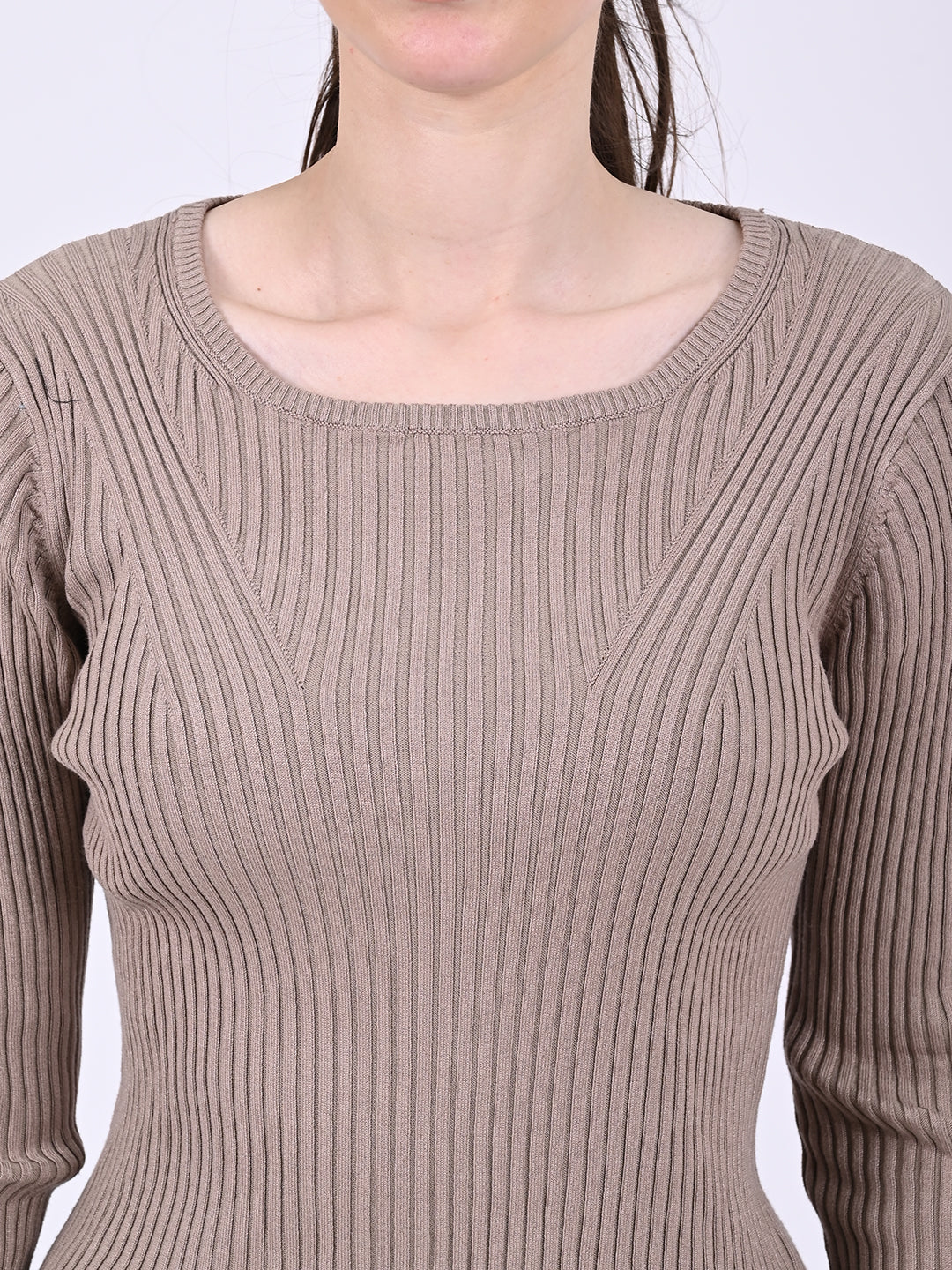 Viscose Round Neck with Full Sleeve stretchable Fitted Ribbed Brown Top