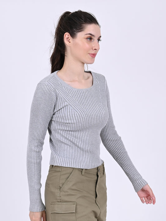 Viscose Round Neck with Full Sleeve stretchable Fitted Ribbed Grey Top