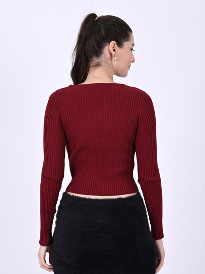 Viscose Round Neck with Full Sleeve stretchable Fitted Ribbed Maroon Top