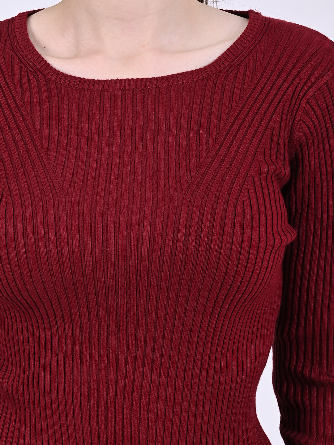 Viscose Round Neck with Full Sleeve stretchable Fitted Ribbed Maroon Top