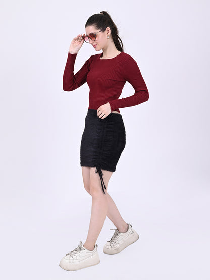 Viscose Round Neck with Full Sleeve stretchable Fitted Ribbed Maroon Top