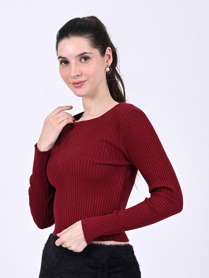 Viscose Round Neck with Full Sleeve stretchable Fitted Ribbed Maroon Top