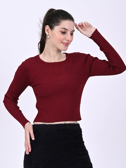 Viscose Round Neck with Full Sleeve stretchable Fitted Ribbed Maroon Top